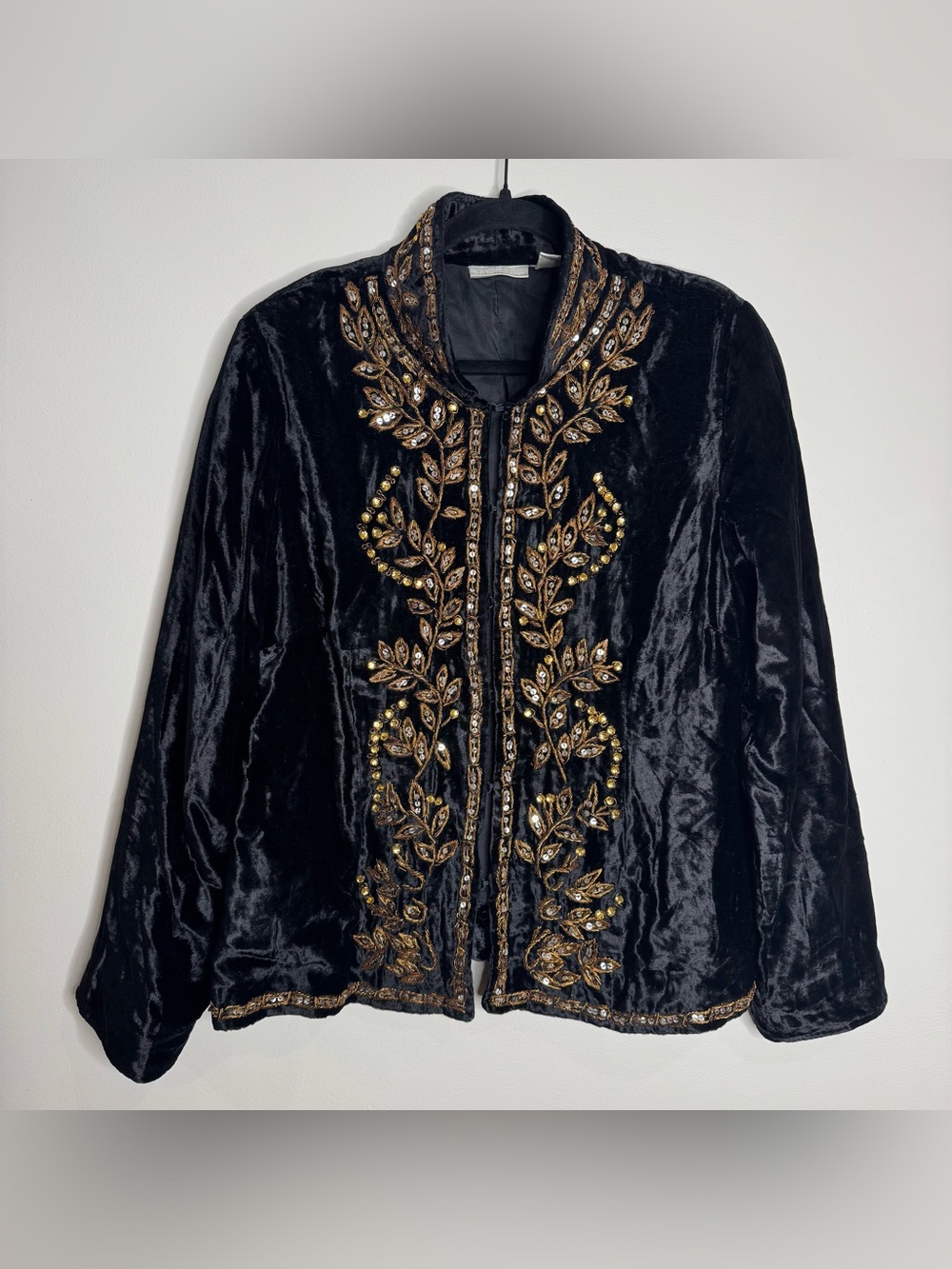 Soft Surrounding Black Velvet Metal Embroidered Sequin Mandarin Collar Jacket XL